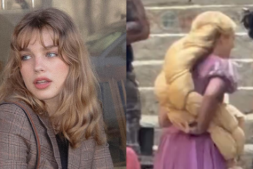 Teagan Croft exibe longos cabelos de Rapunzel durante filmagens do live-action de “Enrolados